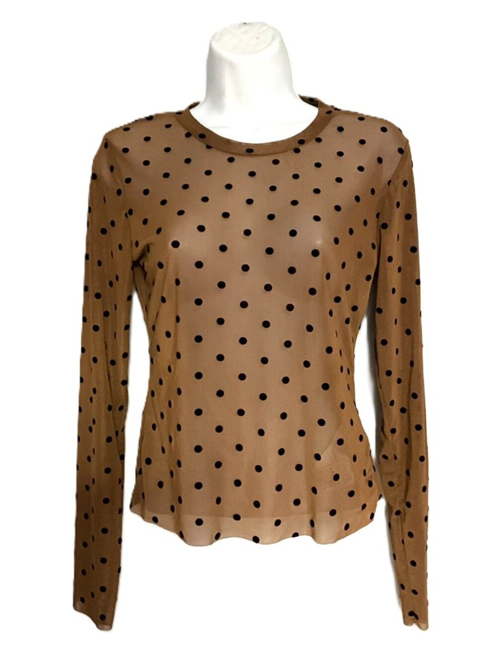 DAZY Brown Black Polka Dot Sheer Mesh Long Sleeve Top Size M